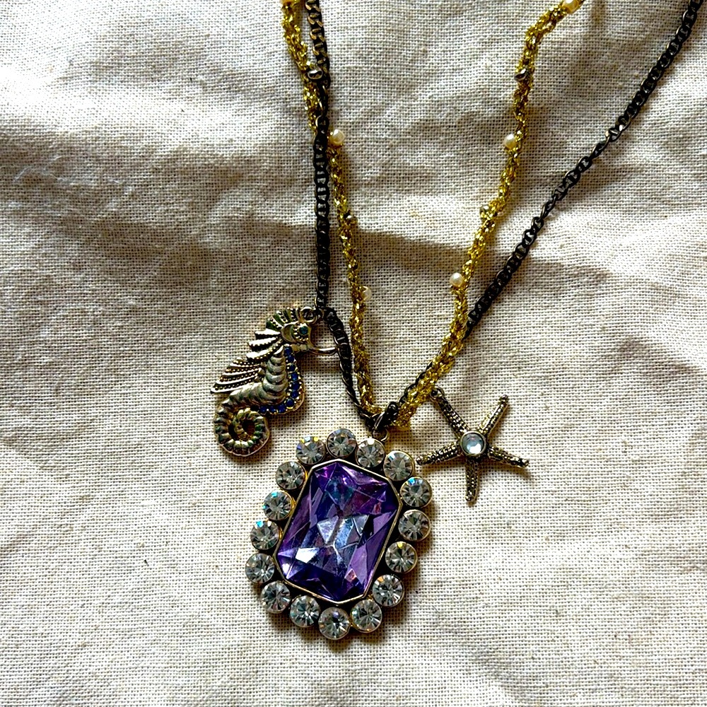 Betsey Johnson Seahorse Starfish Gold and Purple Pendant Ocean Necklace - Picture 7 of 7